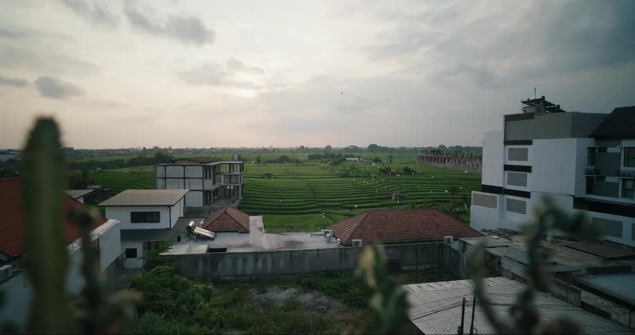 Residential buildings and houses with green agricultural land in the background