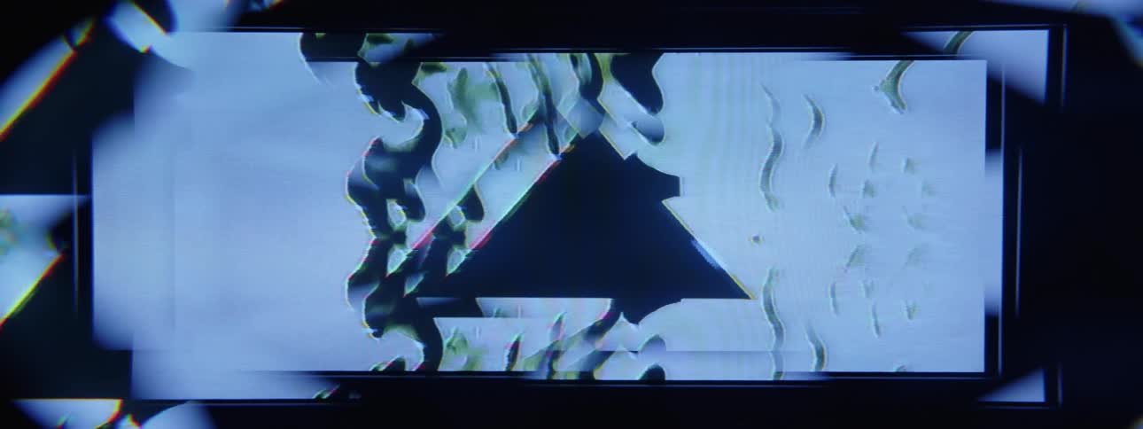 An abstract design with a triangle at the center surrounded by distorted glitchlike visual effects and overlapping layers in a mix of blue black and white tones