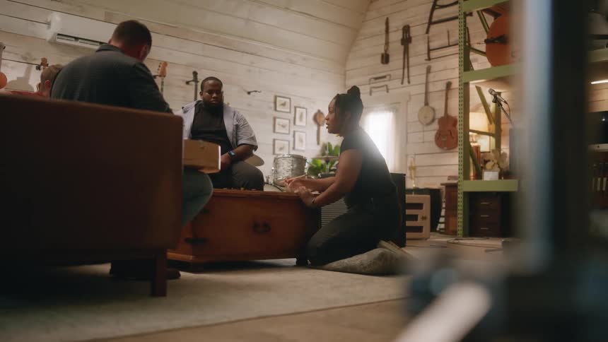 A clip of people composing music in a studio