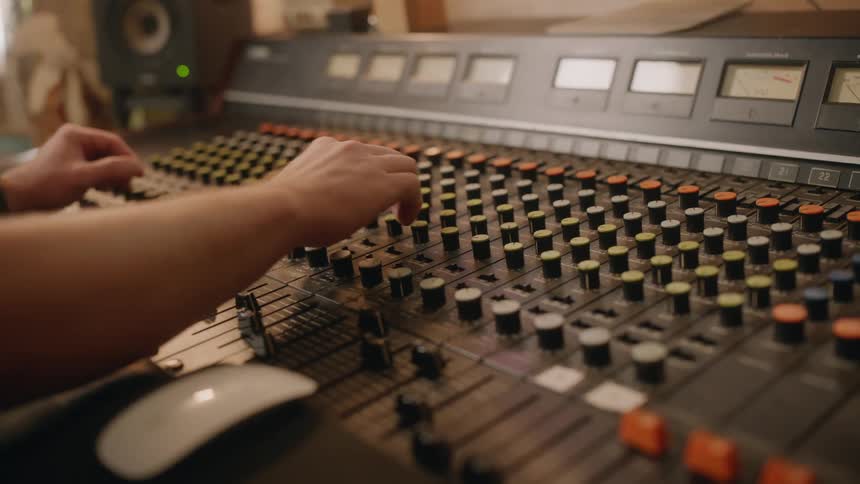 A man adjusts dials and switches on a sound board