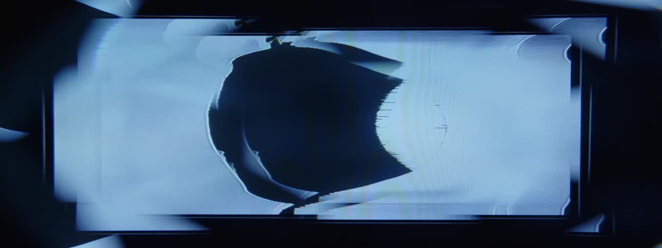 Dark amorphous shapes play over dark ovals contained within pale rectangles on a flickering screen