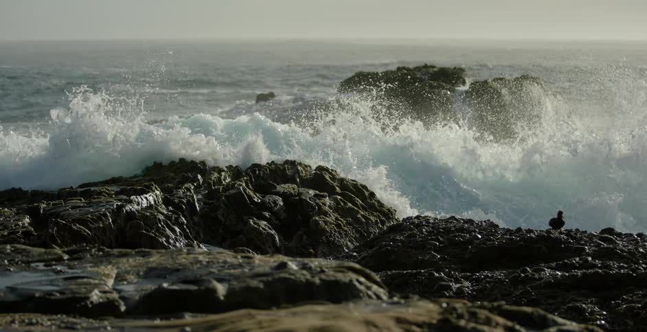 Ocean waves crash ashore a rocky beach