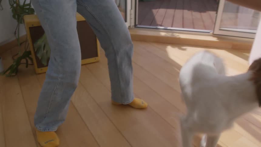 A woman plays with her dog in a living room