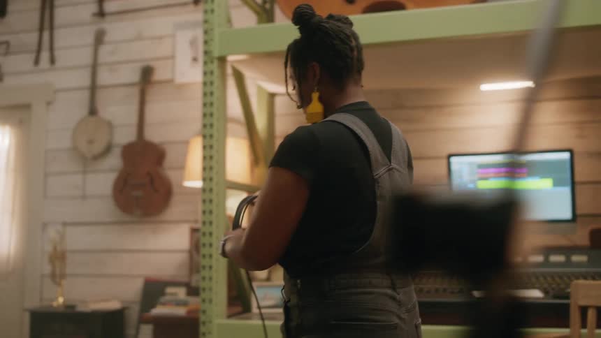 A woman is wrapping up wire in the studio