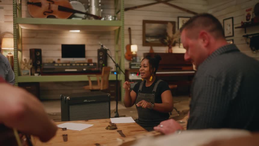 A group of friends is playing instruments around a table in a room full of instruments