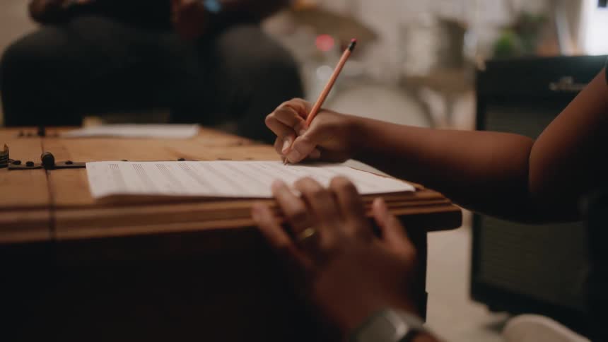 Woman writing on paper with musical notes and in the background a person sitting with drumsticks