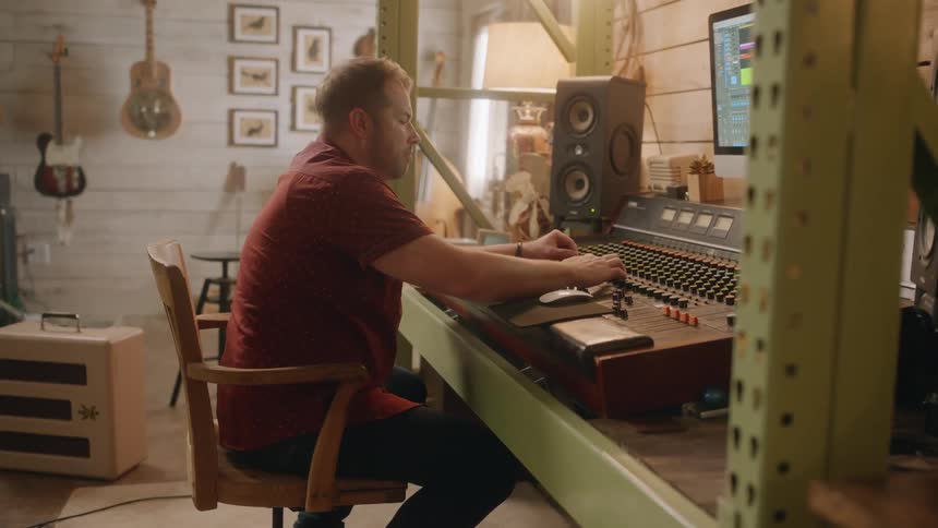 A musician is working on the sound board