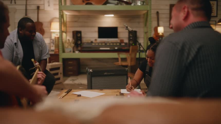 Musical band of four people in a studio talking