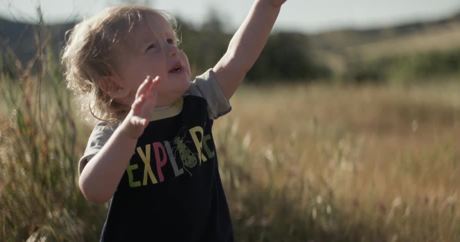 A toddler boy is speaking and pointing upward as he stands outside on a sunny day