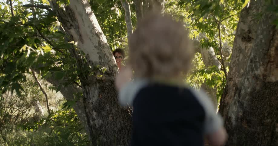 A little boy pointing to his mother who is hiding in a tree