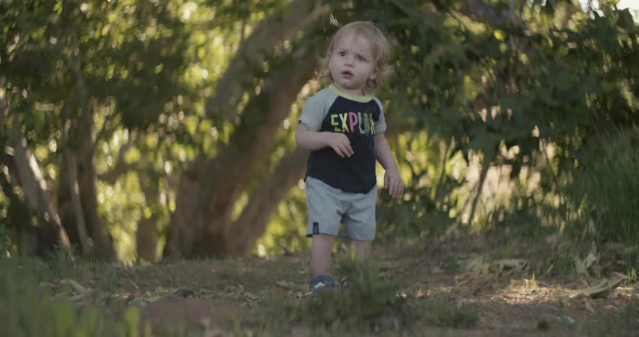 A toddler boy is walking on a path in a wooded area during the day