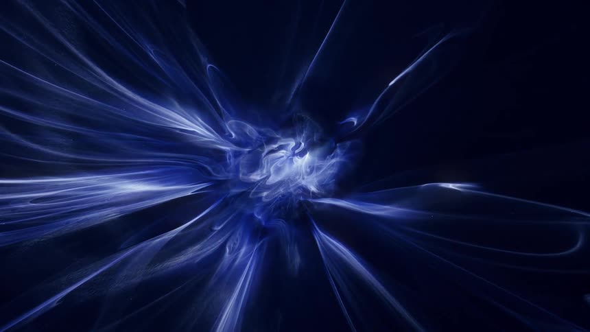 Blue and white streaks flow past in vortex surrounded by darkness