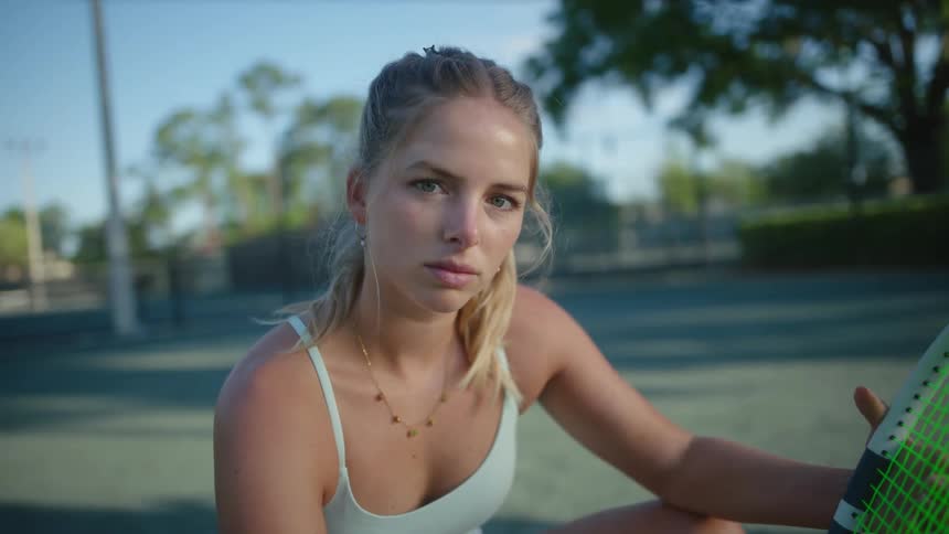 Portrait of a young blonde woman sitting on a court and holding a tennis racket