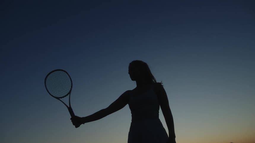 Silhouette of a woman against a blue sky holding a tennis racket