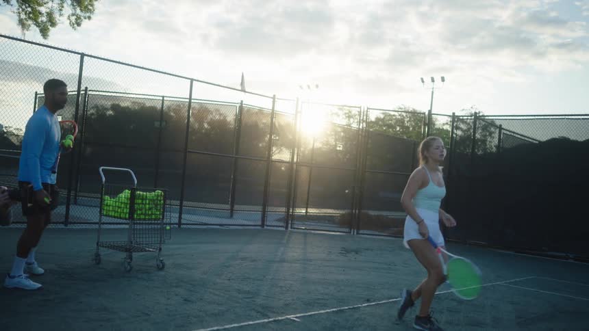 Man handing balls to a woman who is practicing throwing with a tennis racket