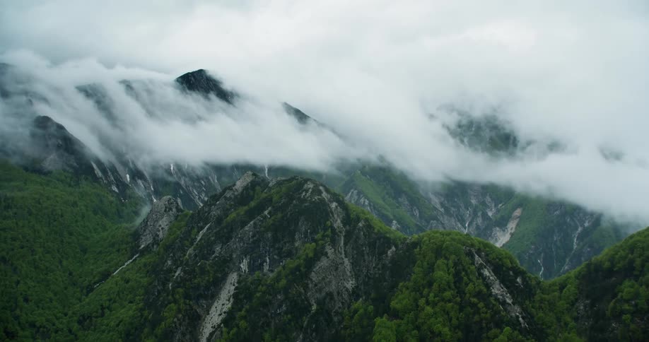 A mountain range with the summit covered with trees and fog