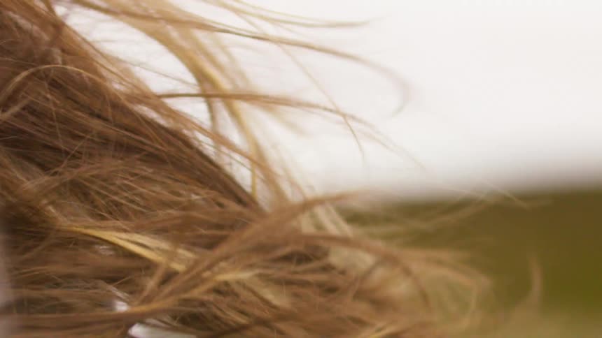 Close up of  a woman's red hair of woman blowing out of a car window