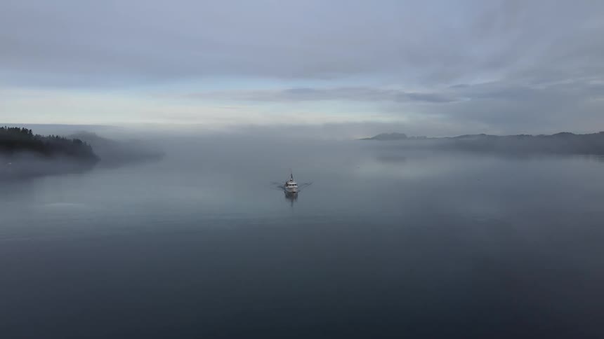 A boat is traveling in the peninsula