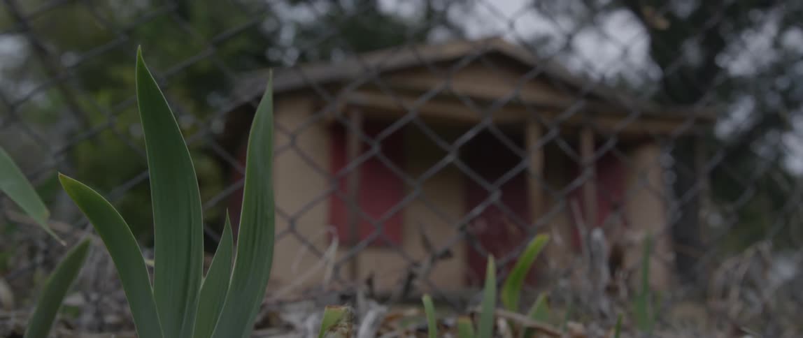 A small house sits behind the fence