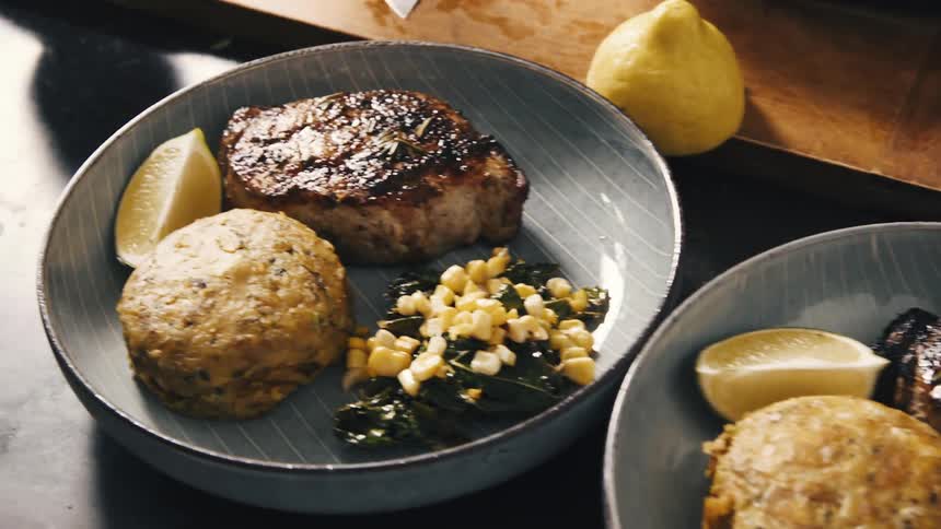 Three equal gray plates with foods in the same proportions