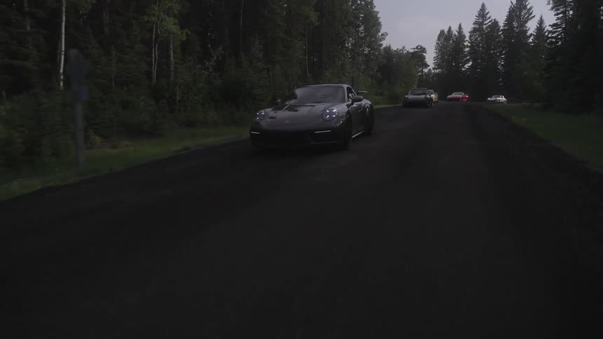 Highend sports cars driving on a road with trees around