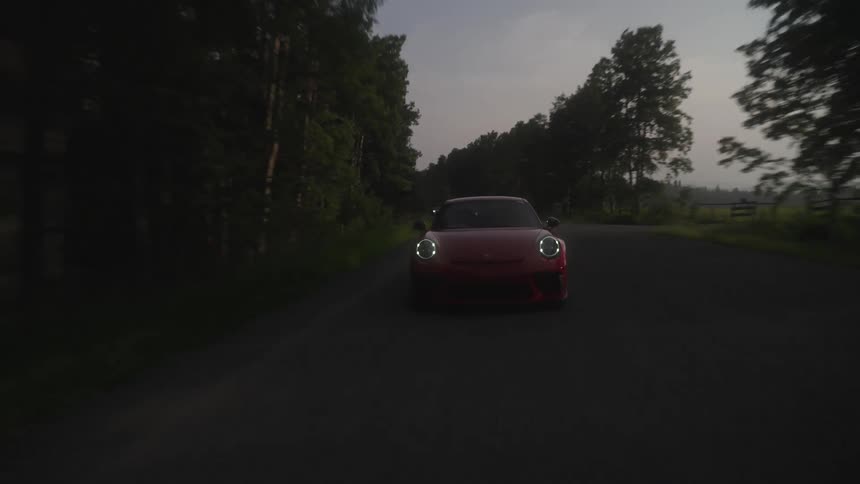 Red Porsche 911 traveling on a highway with trees around