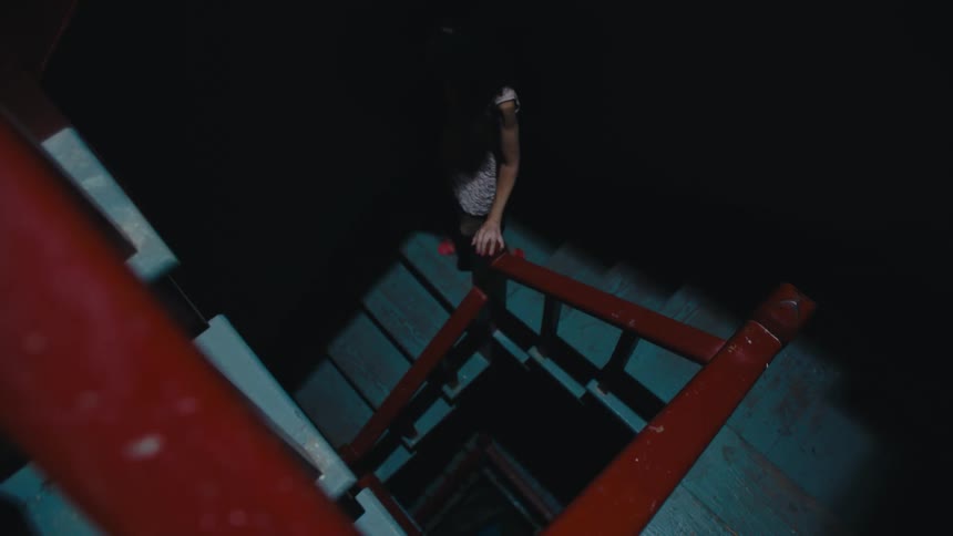 Woman leaning on the handrail going down the stairs of a building