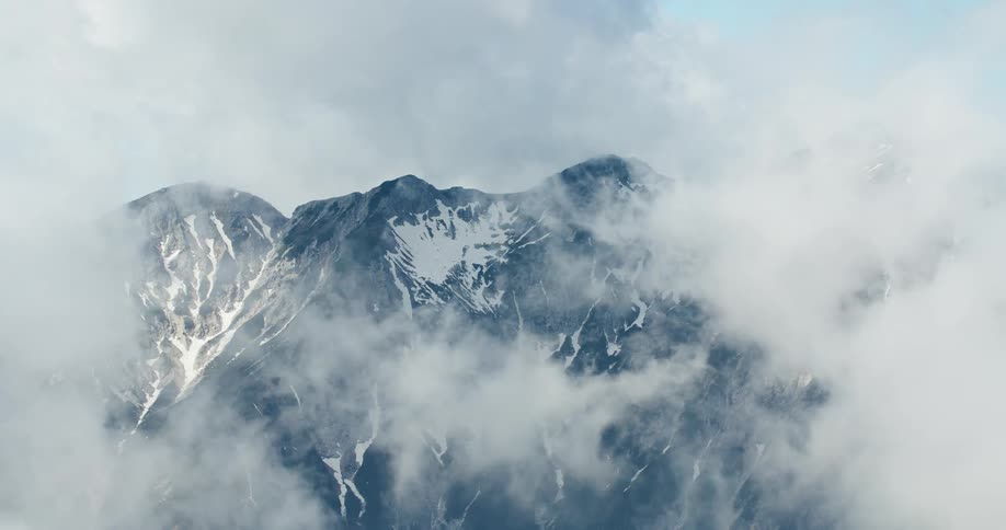 A mountain peak with snow and there are several white clouds passing in front