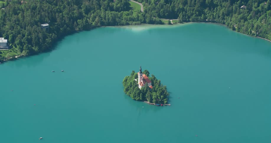 Aerial view of a castle in a small island on lake bled slovenia