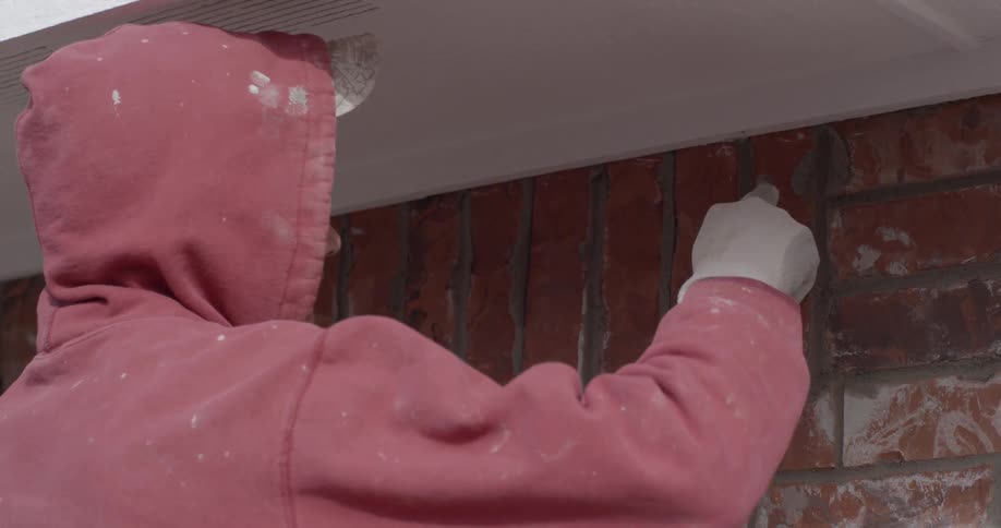 A man scrapes mortar between red bricks