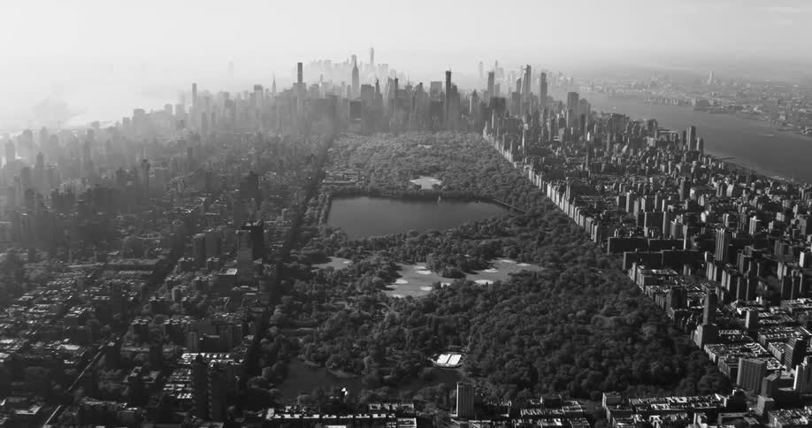 Aerial view of central park in new york contrasting with the dense and imposing cityscape around it