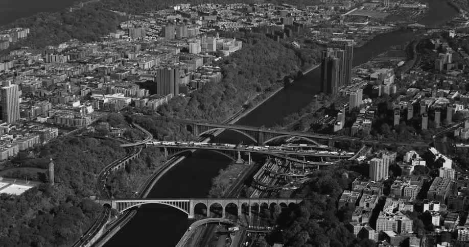 Aerial view of bridges that connect metropolises and cross a maritime channel