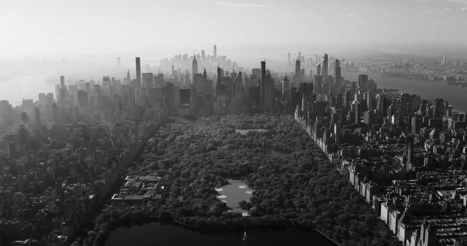 Aerial panorama of a metropolis with skyscrapers surrounded by the sea and like a central park