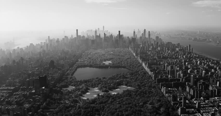 Central park in downtown new york seen from above in black and white tones