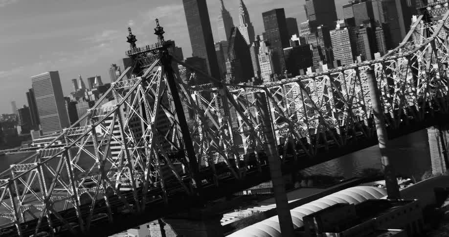 A suspension bridge over the water and with several metropolitan buildings in the background