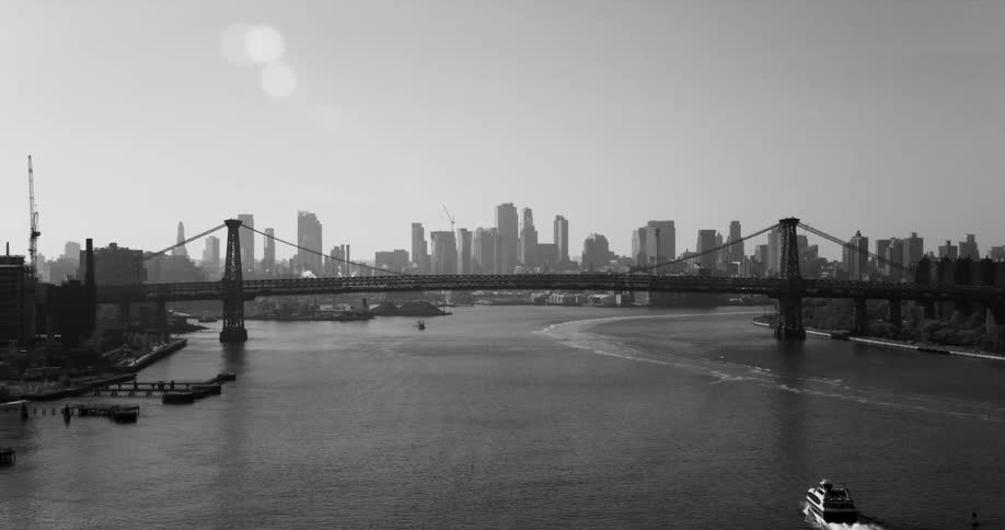 Extensive bridge that crosses a maritime channel with a metropolis in the background