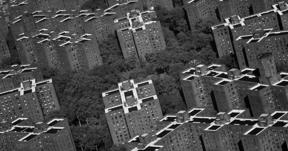 A large number of public housing structures and a park