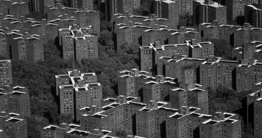 An aerial black and white footage of stuyvesant town in new york city