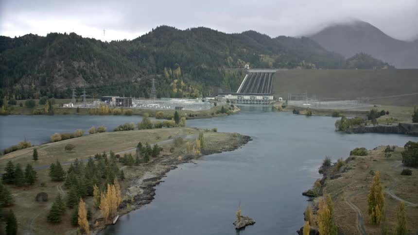 Aerial view river hydro power plant