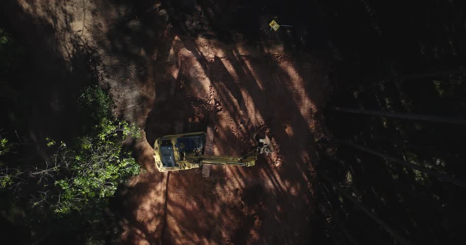 Aerial view excavator moving land