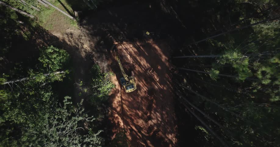 Aerial view of a machine working in the middle of a forest