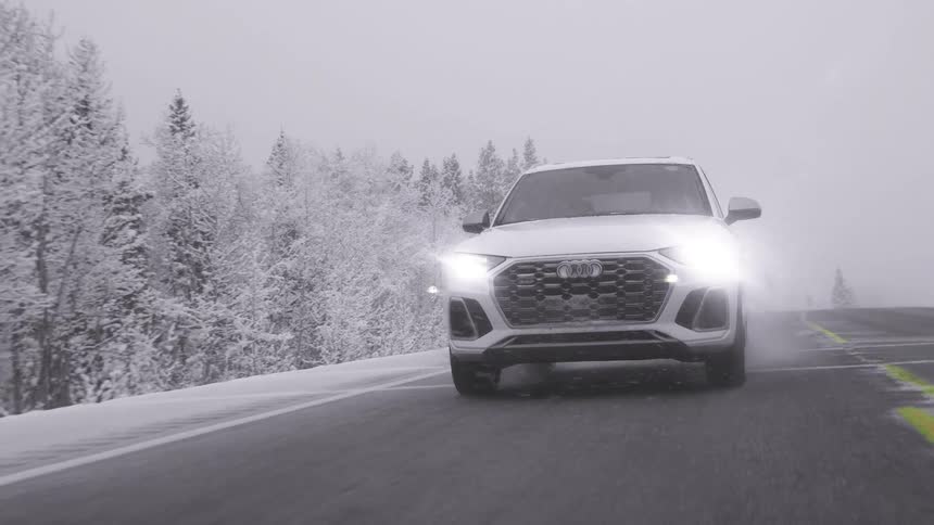 White car drives on road near snow covered trees