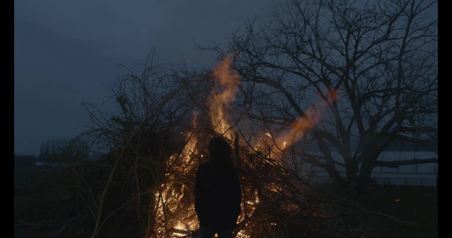 Woman standing outside at night in front of burning branches