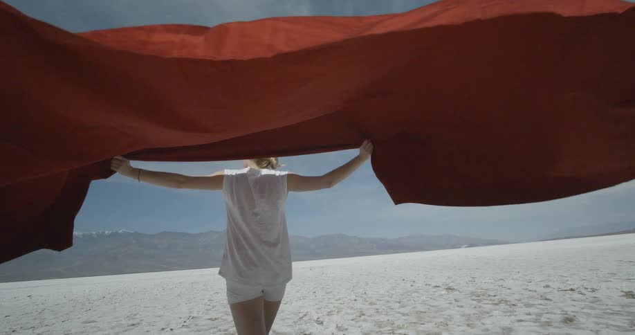 A girl is holding a large sheet behind her that is billowing in the wind