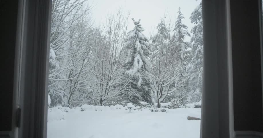 Snowy wonderland as seen outside through a window