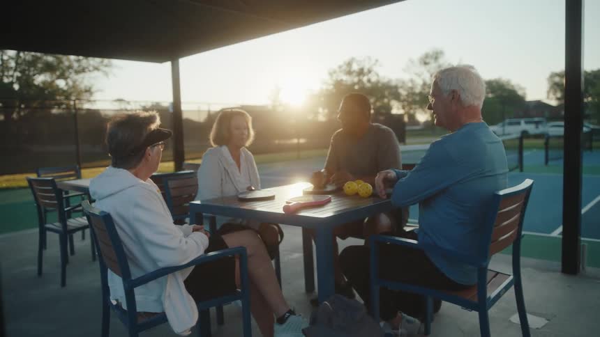 Senior friends sitting at a table next to a tennis court talking