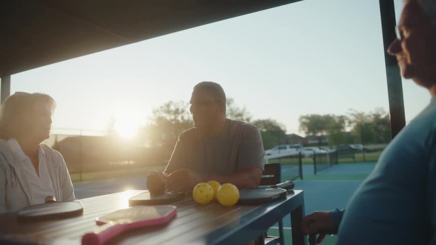 Three friends sit at a table with near a pickleball court