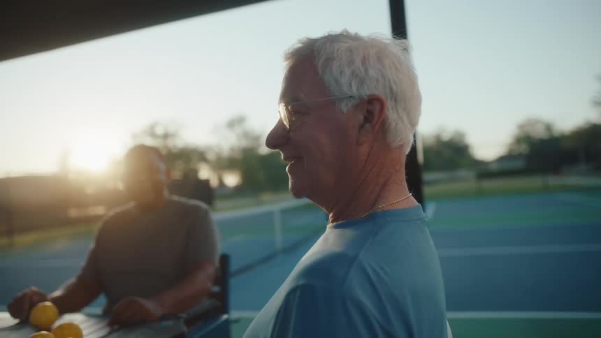 The face of an old man who is talking to other people and smiling