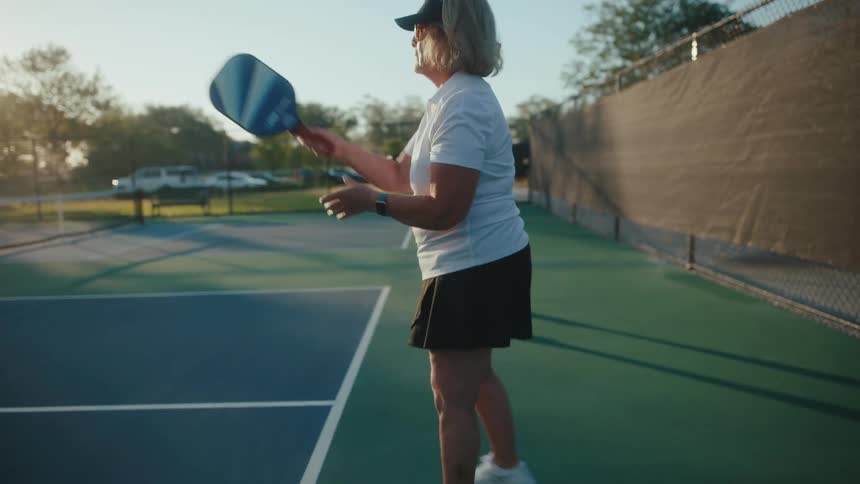 Man and woman play pairs pickleball on an outdoor tennis court