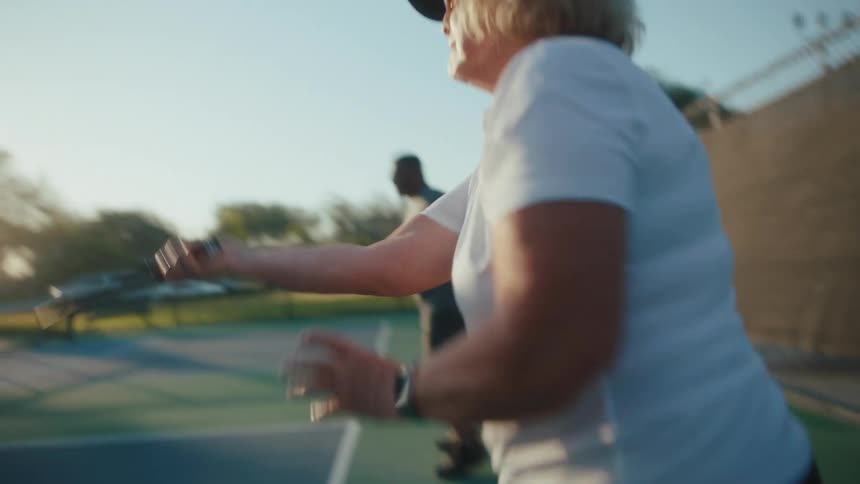 Man and woman play pairs pickle ball on a tennis court during the day